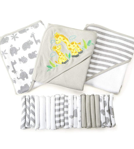Bath Hooded Towels & Washcloths Set for Babies, 23-Piece Gift Set, Gray Giraffe