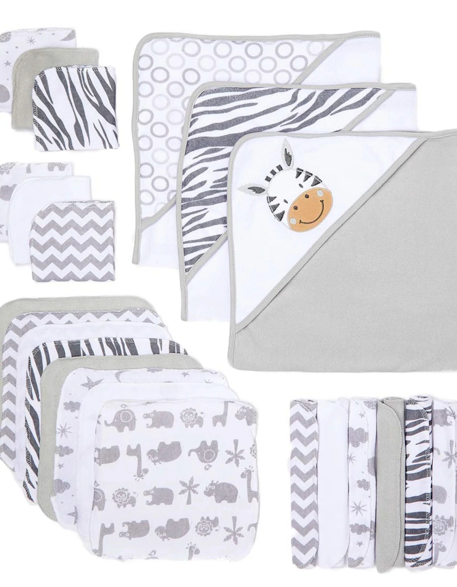 Bath Hooded Towels & Washcloths Set for Babies, 23-Piece Gift Set, Gray Giraffe